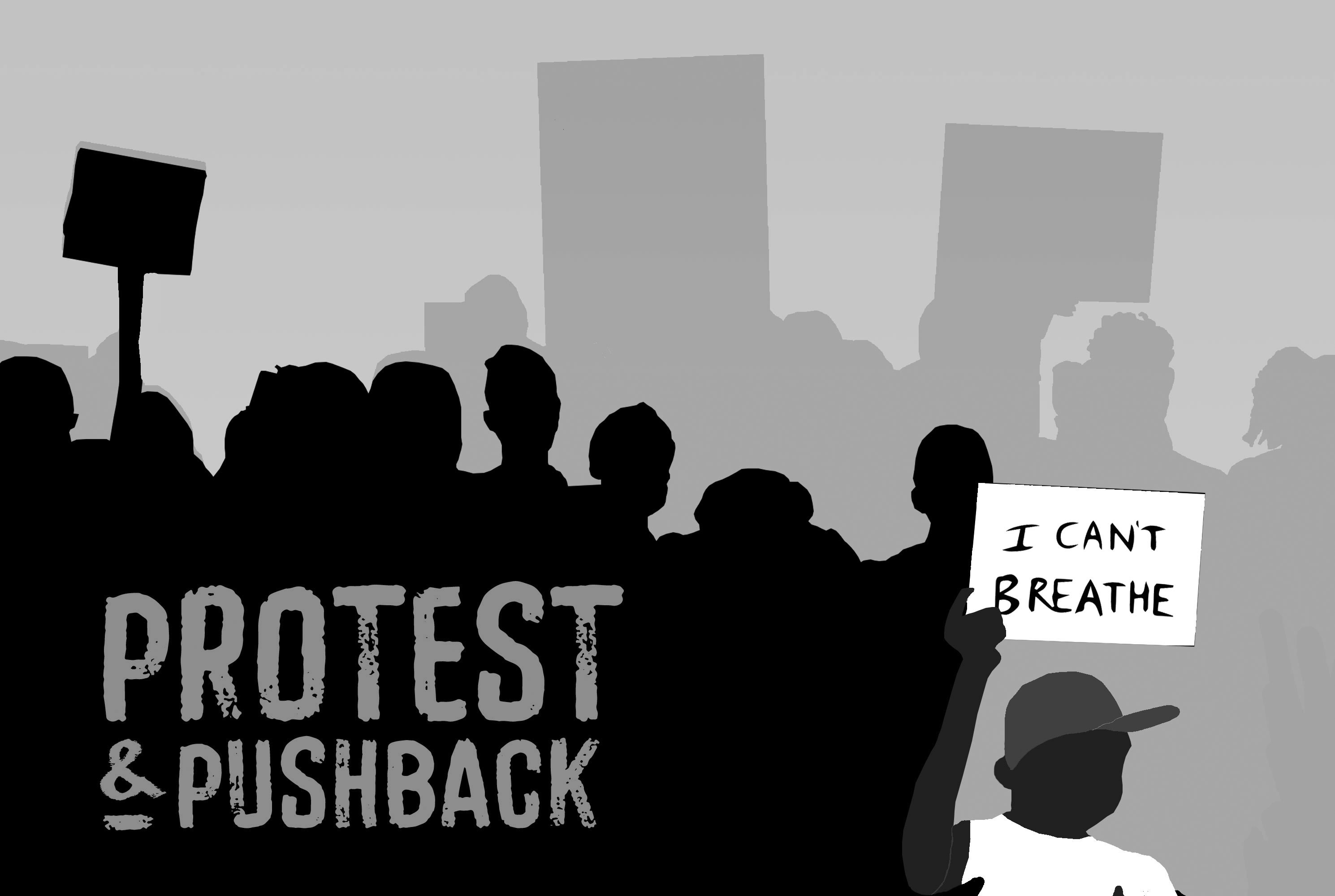 Black and white illustration of a Black male Black Lives Matter protester in the foreground holding a sign which reads, 'I CAN'T BREATHE' with a shadowy crowd of other protesters in the background.