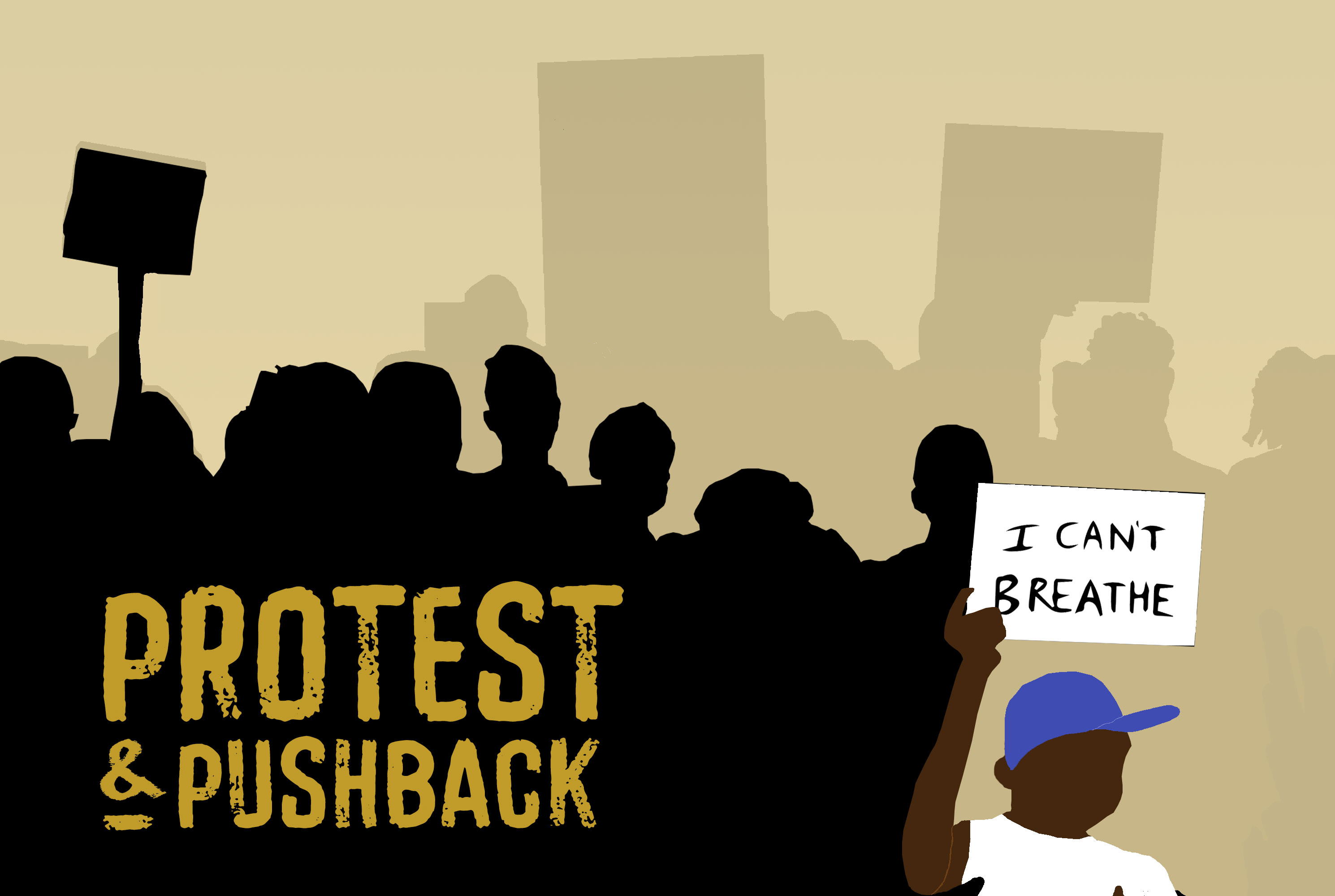 Color illustration of a Black male Black Lives Matter protester in the foreground holding a sign which reads, 'I CAN'T BREATHE' with a shadowy crowd of other protesters in the background.